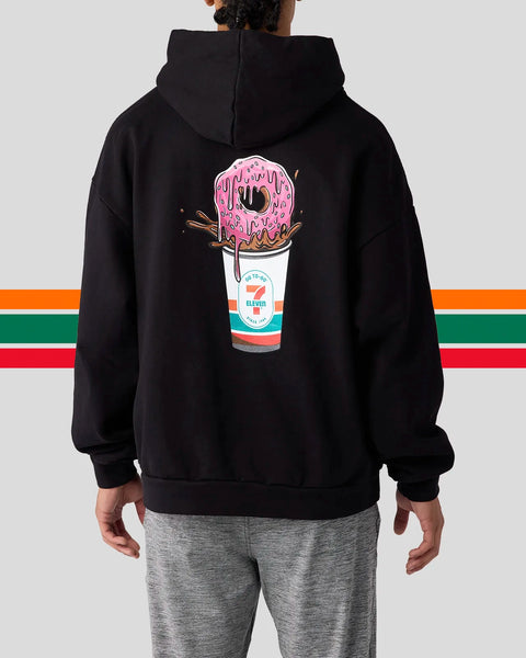 Black hoodie with pink frosted donut and 7-Eleven cup graphic on back.