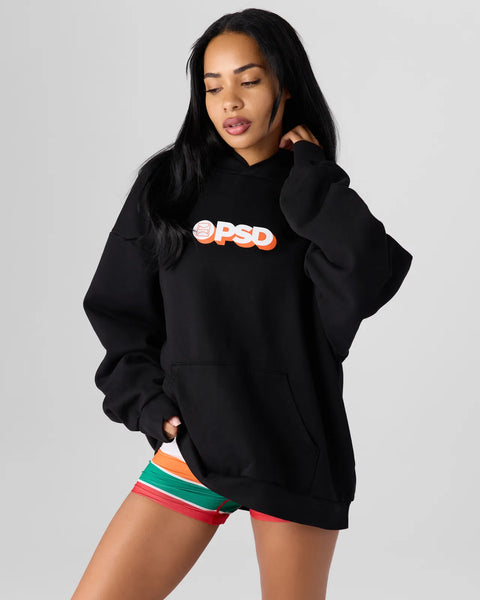 Black hoodie with orange and white 