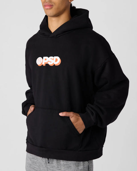 Black hoodie with white and orange 
