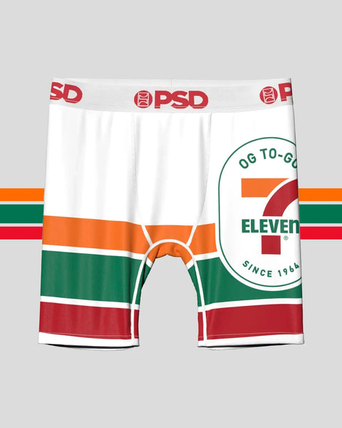 White PSD underwear with 7-Eleven branding in orange, green, and red horizontal stripes and circular logo.