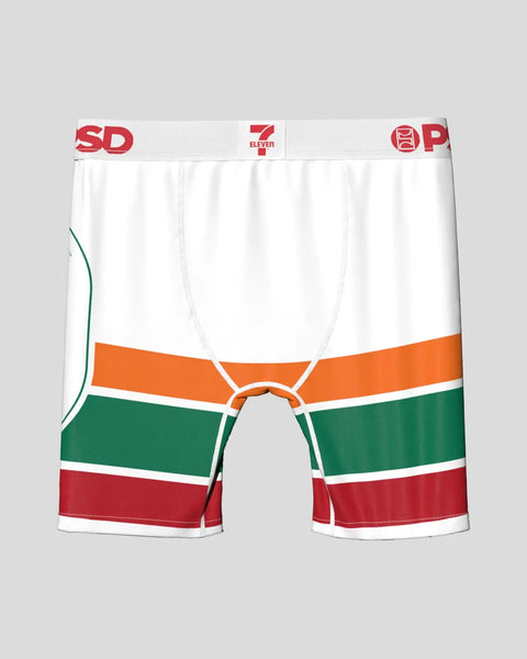 White boxer briefs with 7-Eleven branding and horizontal stripes in orange, green, and red.