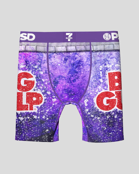 Purple Big Gulp boxer shorts with carbonated beverage graphic and bubbles design, 7-Eleven branding on waistband.