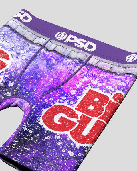 PSD brand underwear with purple sequin pattern and red 