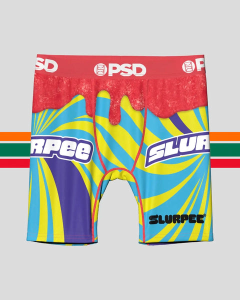 PSD boxer briefs with red waistband and blue, yellow, purple striped design featuring Slurpee branding.