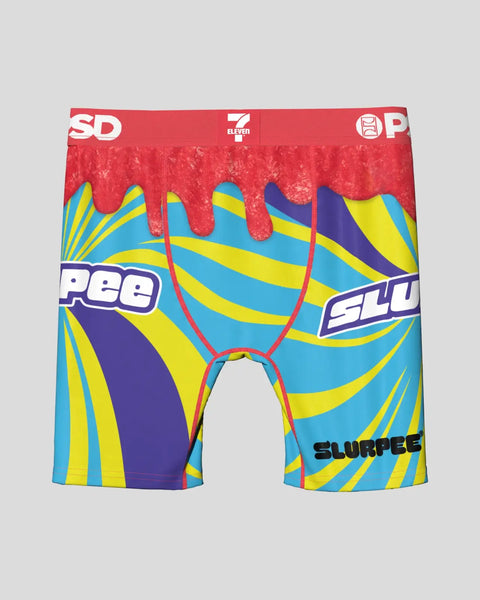 Men's boxer shorts with 7-Eleven Slurpee branding, red waistband, and blue, yellow, and purple striped pattern.