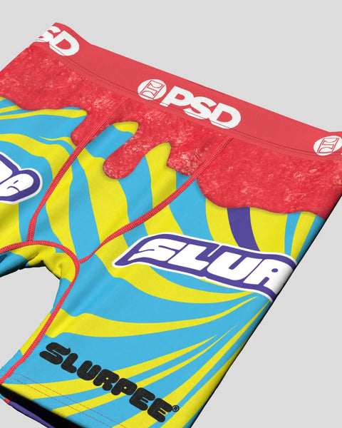 Red PSD underwear with blue and yellow Slurpee striped pattern and Slurpee branding.