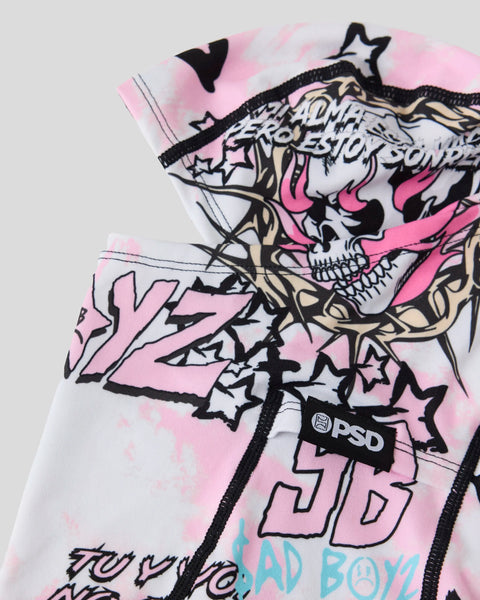 Pink and white tie-dye boxer briefs with black skull graphic, stars, and 