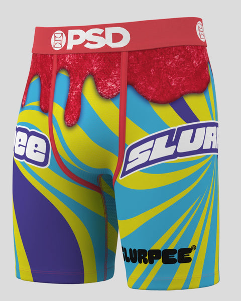 PSD men's boxer briefs with red waistband and colorful blue, yellow, and purple striped pattern featuring Slurpee branding.