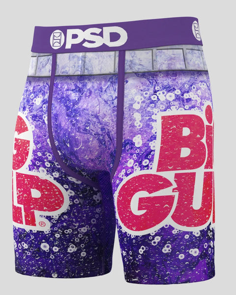 OPsd purple and red patterned boxer briefs with white bubble design and purple waistband.