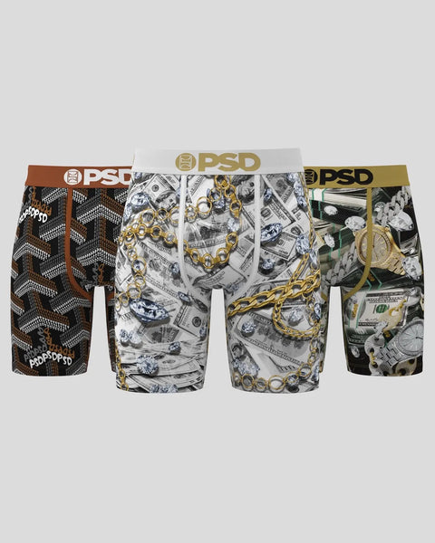 Three PSD boxer briefs with gold waistbands featuring money, chain, and geometric print designs.