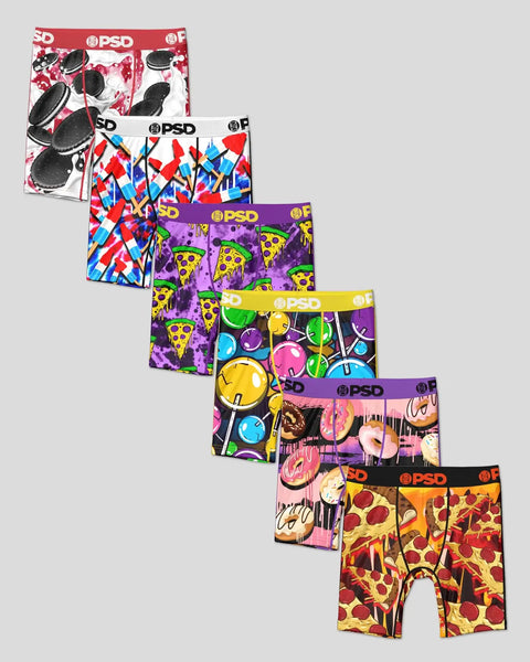 Six PSD boxer briefs with colorful prints including cookies, flags, pizza, bowling balls, donuts, and geometric patterns.