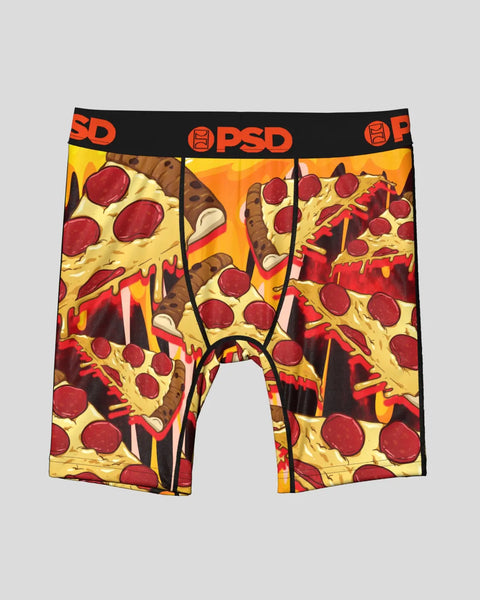 PSD brand boxer briefs with pizza slice print in yellow, red, and brown colors.