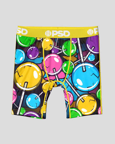 PSD boxer briefs with yellow waistband featuring colorful hanging ornaments pattern in blue, pink, green, and yellow.