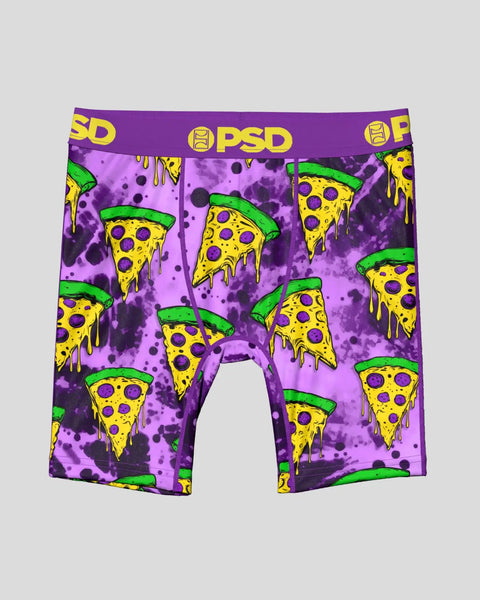 Purple boxer briefs with yellow and green pizza slice print and PSD waistband.