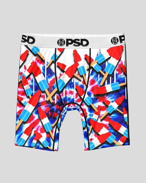 PSD brand boxer briefs with red, blue, and white popsicle print and black waistband.