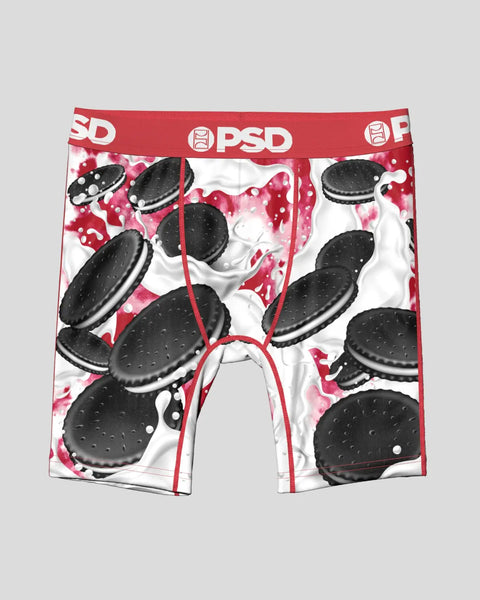 PSD boxer brief with black sandwich cookie and pink watercolor print design on white background.