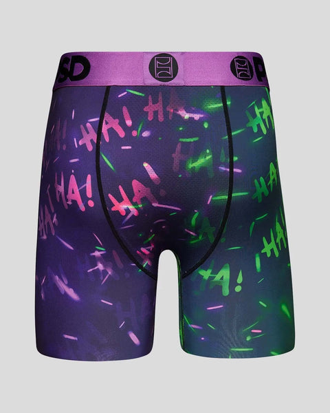 Boxer briefs with purple waistband featuring neon green and pink 