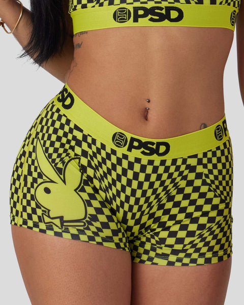 Yellow and black checkered PSD underwear with Playboy bunny logo and elastic waistband.
